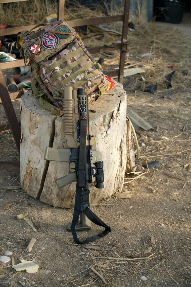 A backpack and firearm resting on a tree stump in an outdoor setting.